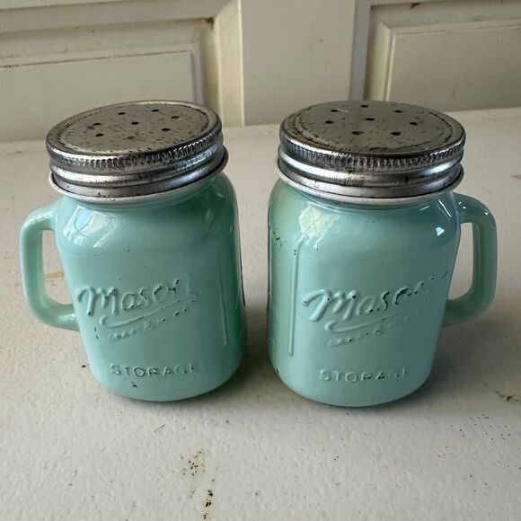 Mason Jar Craft & More Farmhouse Style Milk Glass Green Salt Pepper Shaker Set - Picture 2 of 6